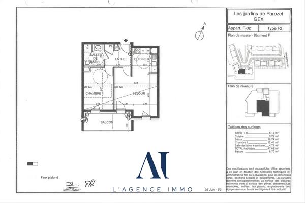 Appartement T2 étage 3/4 Balcon vue Alpes 2 places de parking Gex 01170