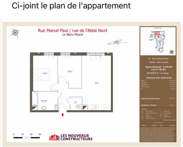 À vendre : Appartement moderne 3 pièces de 55m au Blanc-Mesnil