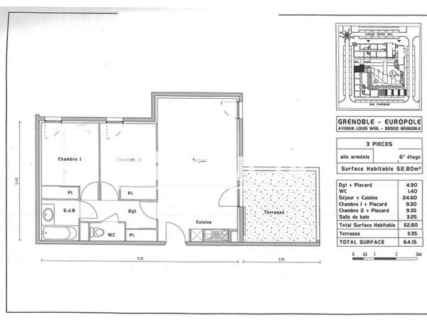 À vendre Appartement 3 pièces 52.38 m² - Grenoble 38000