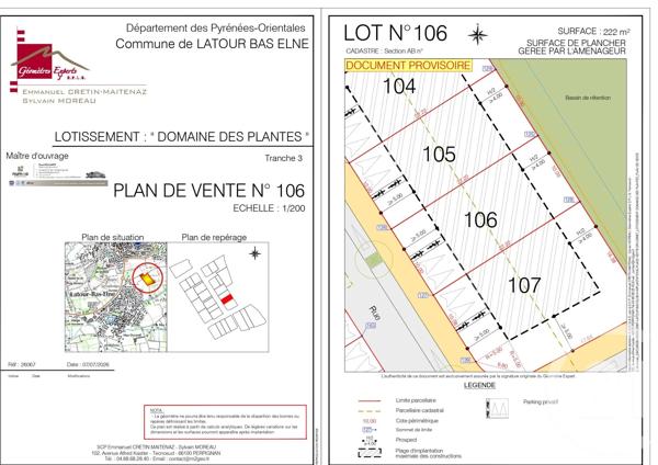 Terrain à vendre  222 m 2   LATOUR BAS ELNE  - 66