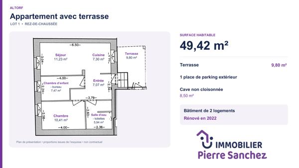 Altorf, appartement 3 pièces de 49,42 m² avec terrasse, parking et cave