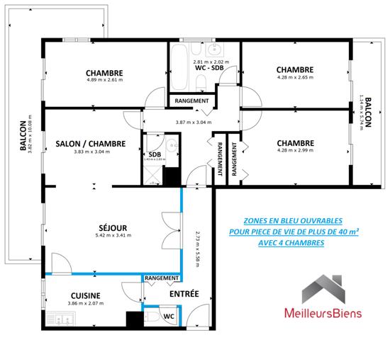 5 pièces 105 m² - double balcon - parking - cave