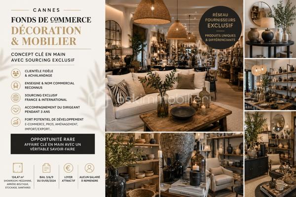 À vendre – Concept décoration & mobilier avec sourcing exclusif – Cannes

Opportunité unique de reprendre une activité clé en main dans l’univers de la décoration, de l’ameublement et des accessoires.

Au-delà d’un simple commerce, cette affaire donne accès à plusieurs années de travail, de recherche et de développement auprès de fournisseurs sélectionnés en France et à l’international.

Le repreneur bénéficiera d’un accompagnement du dirigeant ainsi que d’un accès privilégié à un réseau de sourcing permettant de travailler avec des produits différenciants et des conditions d’achat particulièrement compétitives.

Le fonds comprend :

* La clientèle et l’achalandage
* L’enseigne
* Le nom commercial
* Les agencements et installations
* Le matériel et le mobilier d’exploitation
* Le savoir-faire commercial
* Le sourcing fournisseurs développé au fil des années
* Un accompagnement à la reprise pendant 3 ans

Local commercial idéalement situé à Cannes.

Surface totale : 124,47 m² comprenant :

* Showroom principal
* Mezzanine
* Arrière-boutique
* Espace de stockage
* Sanitaires

Bail commercial récent :

* Bail 3/6/9 du 01/05/2024
* Loyer : 3 298,75 € HT/mois
* Charges : 156,93 € / mois
* Taxe foncière incluse dans les charges

Aucun salarié à reprendre.

Le stock sera valorisé séparément lors de la cession.

Fort potentiel de développement pour un professionnel souhaitant accélérer sa croissance. Plusieurs axes restent à exploiter : développement du e-commerce, vente aux professionnels (hôtels, restaurants, architectes, promoteurs), aménagement intérieur, marketplace, import/export et extension de la gamme produits.

Cette affaire représente une opportunité rare de reprendre une structure opérationnelle avec un réseau fournisseurs déjà établi, tout en conservant un important potentiel de croissance.

Dossier complet et informations complémentaires sur demande.