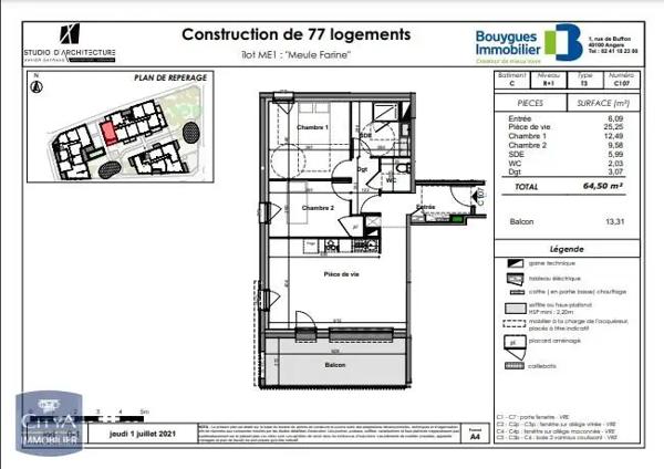 Appartement à louer 3 pièces 64.5m² Angers (49000)