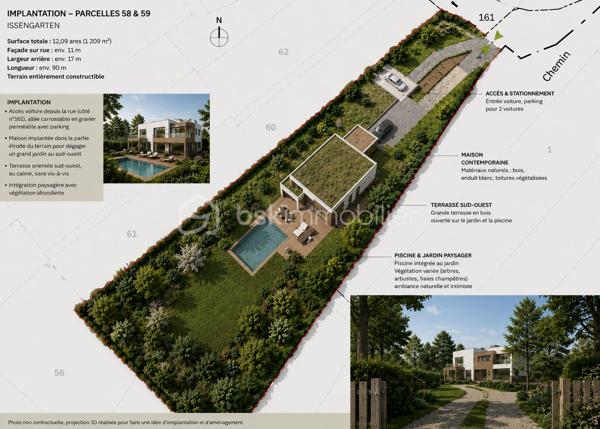 TERRAIN CONSTRUCTIBLE // CU OPÉRATIONNEL POSITIF // ENVIRON 12,09 ARES // ENVIRONNEMENT EXCEPTIONNEL // LACHAMBRE – LES HAUTS DE TISSEN

Vous rêvez de calme, de nature et d’un projet de construction dans un cadre rare ?
Ce terrain situé sur le plateau de Lachambre, au lieu-dit Les Hauts de Tissen, pourrait bien être celui que vous attendiez.

Nichée en bout de rue, cette parcelle bénéficie d’un environnement privilégié, avec une vue panoramique sur les champs et la nature environnante, offrant une sensation d’espace et de sérénité absolument remarquable. Un cadre idéal pour celles et ceux qui recherchent un lieu de vie au vert, sans renoncer à l’accessibilité.

D’une surface d’environ 12,09 ares, ce terrain entièrement constructible dispose d’un CU opérationnel positif.
Il est à viabiliser, avec les réseaux et branchements situés juste devant le terrain, ce qui constitue un vrai atout pour votre futur projet.

Le terrain présente une configuration singulière et pleine de potentiel : il offre environ 11 mètres de façade sur rue dans sa partie la plus étroite, puis s’élargit progressivement jusqu’à environ 17 mètres, sur une longueur d’environ 90 mètres.
Une particularité qui laisse place à de très belles perspectives d’implantation pour une maison pensée en harmonie avec son environnement, avec un vaste jardin, une terrasse tournée vers la nature, ou encore un projet architectural plus atypique.

Côté situation, vous profitez d’un emplacement stratégique :

- environ 40 minutes de Metz
- environ 40 minutes de Sarrebruck
- environ 1h20 du Luxembourg

Et pour les amateurs de mobilité pratique, la gare de Valmont se situe à environ 10 km, avec :

- un direct vers Metz en 25 minutes
- un direct vers Sarrebruck en 30 minutes

Afin de vous aider à vous projeter, j’ai réalisé quelques visuels d’implantation sur site, à titre purement indicatif, pour vous permettre d’imaginer les nombreuses possibilités qu’offre cette parcelle.
👉 Photos non contractuelles – projections 3D des aménagements.

Un terrain rare, dans un cadre inspirant, pour donner vie à un projet sur mesure.

Je vous laisse le découvrir… et reste bien entendu à votre disposition pour tout complément d’information ou pour organiser une visite, afin de vous présenter plus en détail les possibilités qu’offre ce bien.