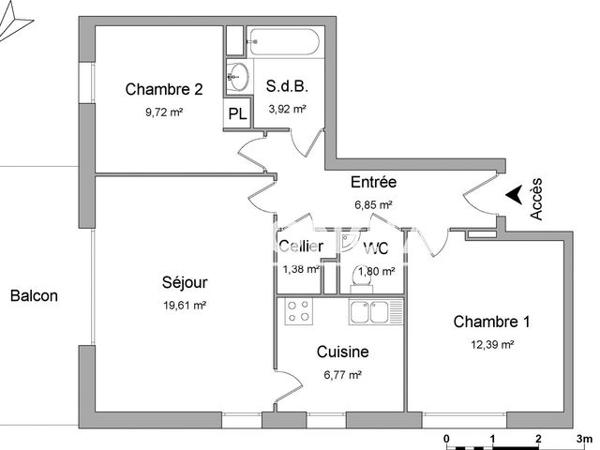 Location Appartement 3 pièces 62.44 m² - 64 ROUTE DU RHIN Strasbourg 67000