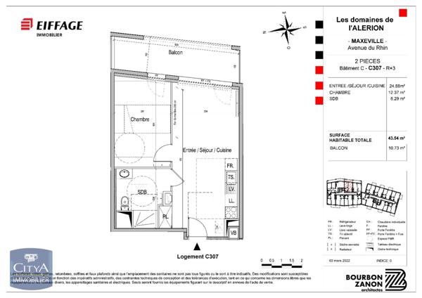 Appartement à louer 2 pièces 43.54m²