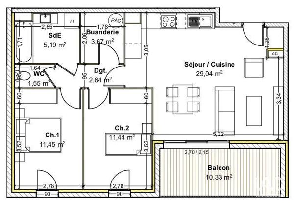 Appartement à vendre 3 pièces 64 m² Guéreins