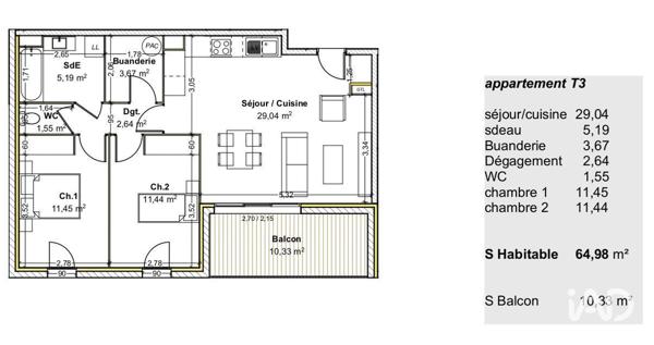 Appartement à vendre 3 pièces 64 m² Guéreins