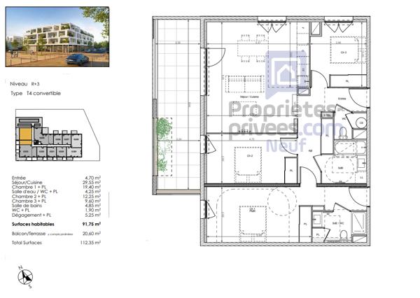 Un habitat tourné vers la nature, T4 de  92 m² dernier étage, avec terrasse exposée Sud