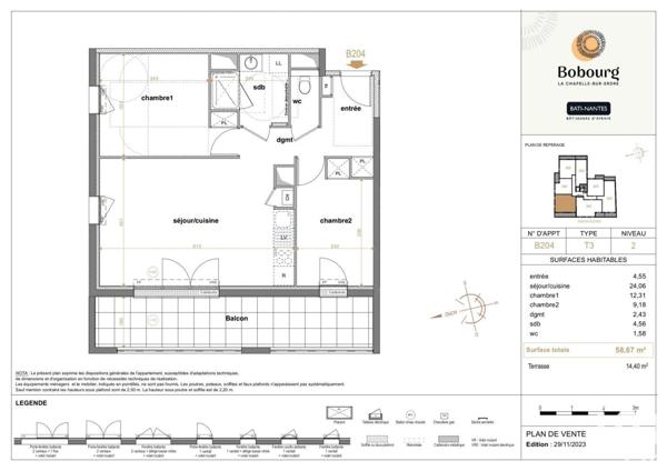 Appartement 3 pièces de 59 m² à La Chapelle-sur-Erdre (44240)