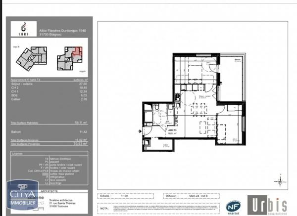 Appartement à louer 3 pièces 59.11m² Blagnac (31700)