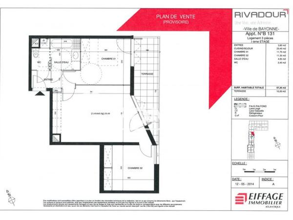 Location Appartement 3 pièces 57.3 m² - RESIDENCE RIVADOUR 2 - B131 Bayonne 64100