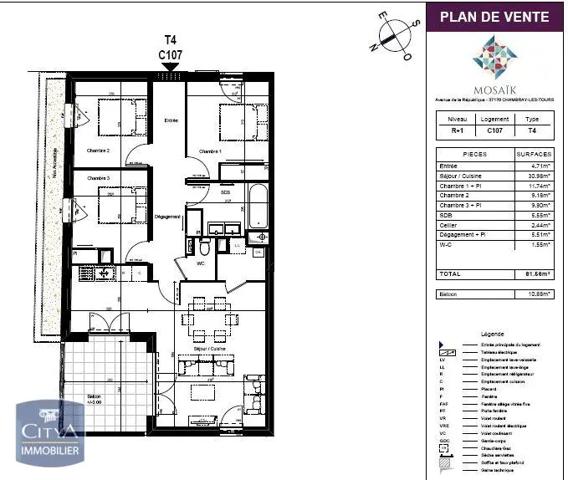 Appartement à louer 4 pièces 81.66m² Chambray-lès-Tours (37170)