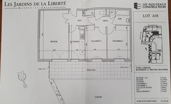 Appartement 3 pièces 61m², 60m² de terrasse et jardin