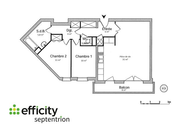 Appartement 3 pièces - 69 m² Exclusivité efficity