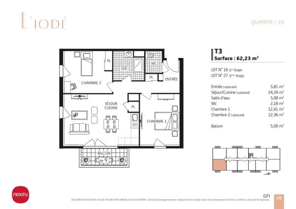 QUIMPER (29) Appartement de type 3 de 62.24 m² habitable - Balcon - 2 Parkings.