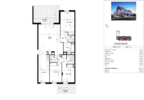 T4 90 m² sixième étage avec deux terrasses, Béziers (Avenue du Président Wilson)