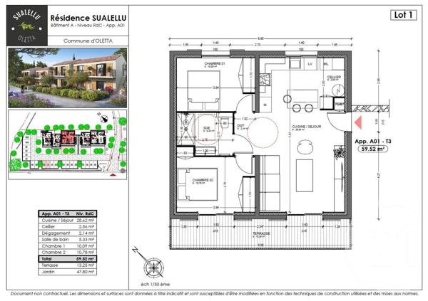 Appartement T3 à vendre  3 pièces - 59,52 m2 OLETTA - 202