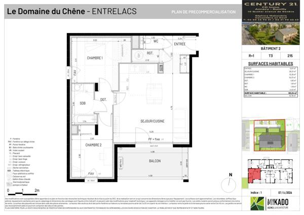 Appartement T3 à vendre  3 pièces - 63,24 m 2   ENTRELACS  - 73