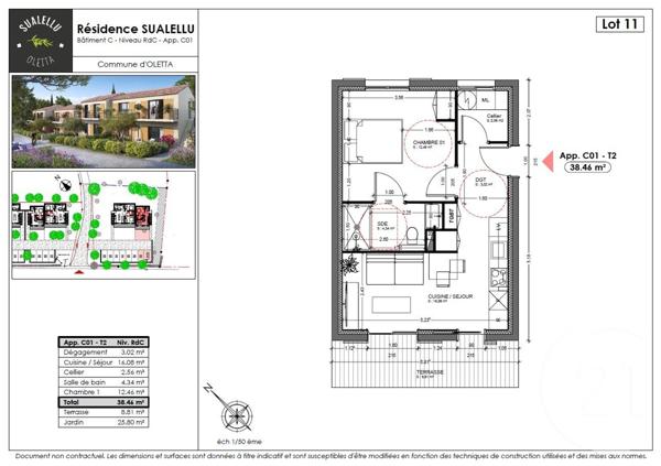 Appartement T2 à vendre  2 pièces - 38,46 m2 OLETTA - 202