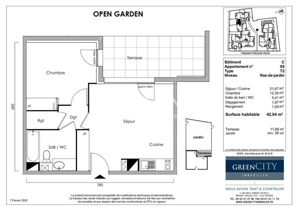 Toulouse 31200 BORDEROUGE /CROIX DAURADE -Agréable T2 Récent (Fin 2024) de 42.94m² Terrasse de 11.88m² Jardin de 96m² et parking en sous sol
