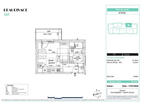 Studio Sainte Cécile 26.47m² balcon 6m²