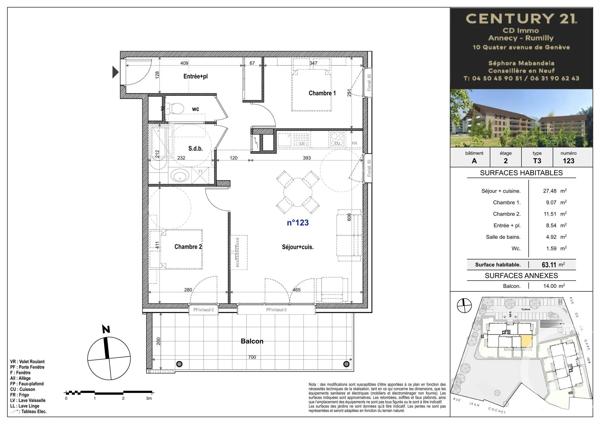 Appartement T3 à vendre  3 pièces - 63,11 m 2   FAVERGES SEYTHENEX  - 74