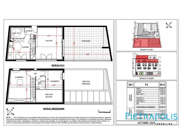 Sète : Appartement T3 en duplex de 67,60m² habitable totalisant 78,19m², terrasse de 42,60 m², ascenseur, place de parking