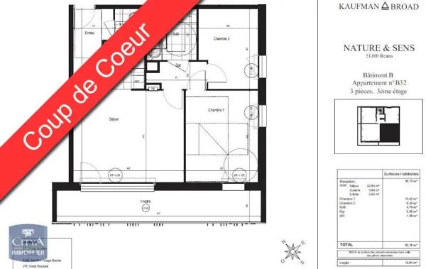 Appartement à louer 3 pièces 62.18m² Reims (51100)