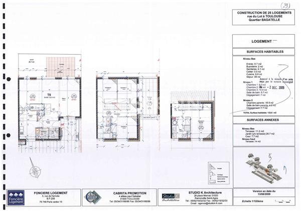 Quartier BAGATELLE  Très beau T5  standing TRIPLEX de 122.6m²  jardin et 2 terrasses , 2 garages , une cave
