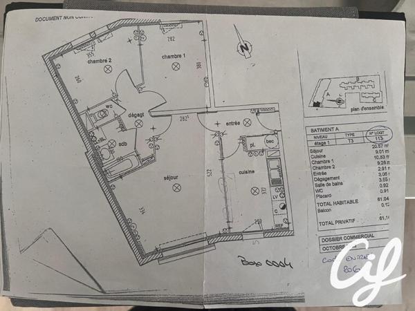 Appartement T3 NANTES Bottière - Chénaie - 61.09 m2  815 Euros