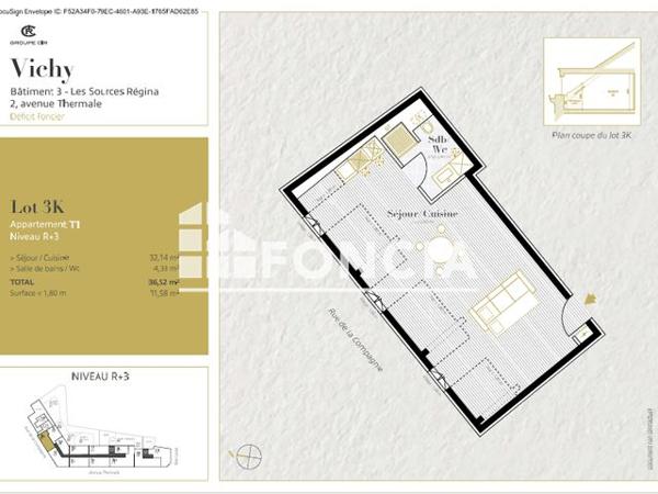 Location Studio 36.71 m² - LES SOURCES REGINA - LOGEMENT 3K Vichy 03200