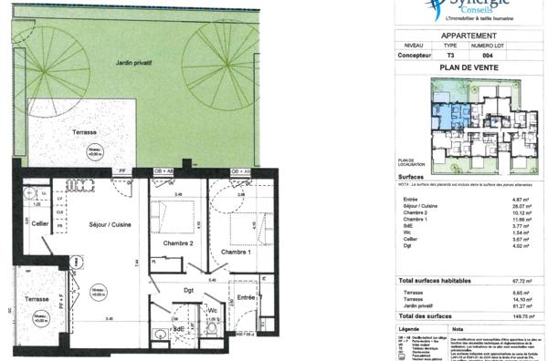 APPARTEMENT T3 67.72m² avec terrasse et jardin privatif