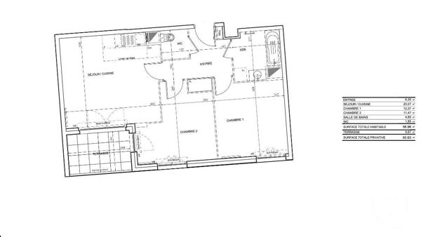 Appartement F3 à vendre  3 pièces - 56,96 m2 ROMAINVILLE - 93