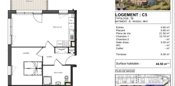 Appartement 2 pièces de 44 m² à Rinxent (62720)