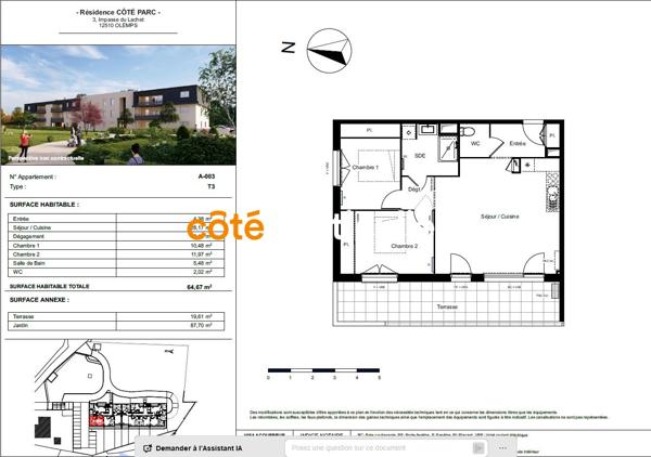 Vente
                Appartement64,67 m² - 3 Pièces -
                    OLEMPS (12510)