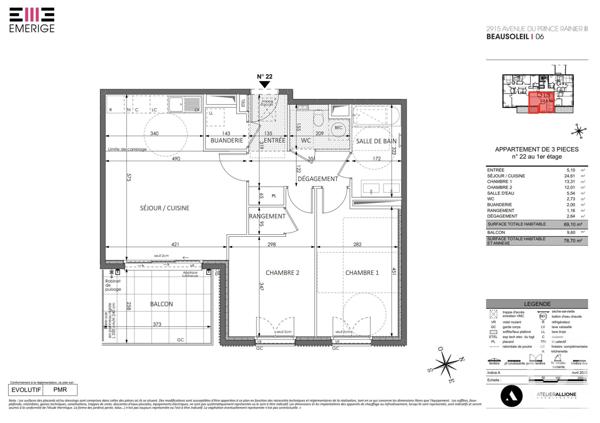 Appartement F3 à vendre  3 pièces - 69,28 m2 BEAUSOLEIL - 06
