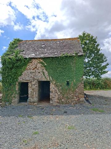 Grange , maisonnette, en pierre, brute à rénover, sur terrain de 10 000 m2 avec étang et Mobil Home. Proche Villaines la Juhel, Pré en Pail , Mayenne.