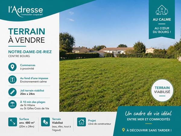 Terrain à vendre ? Au calme, en plein bourg de Notre-Dame-de-Riez 550 m2