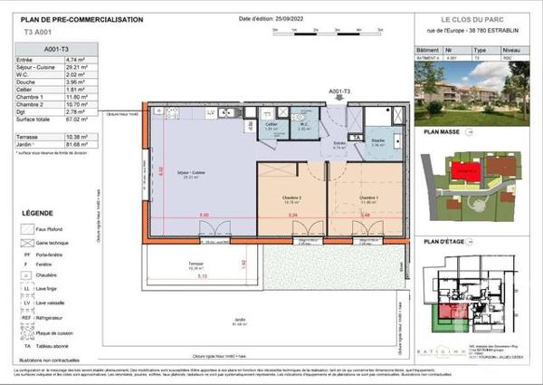 appartement à vendre 3 pièces - 67,07 m2 ESTRABLIN - 38