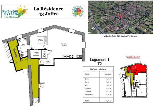 Appartement T2 à louer - 58,57 m² - Location à l’année – St Génis des Fontaines (Village)