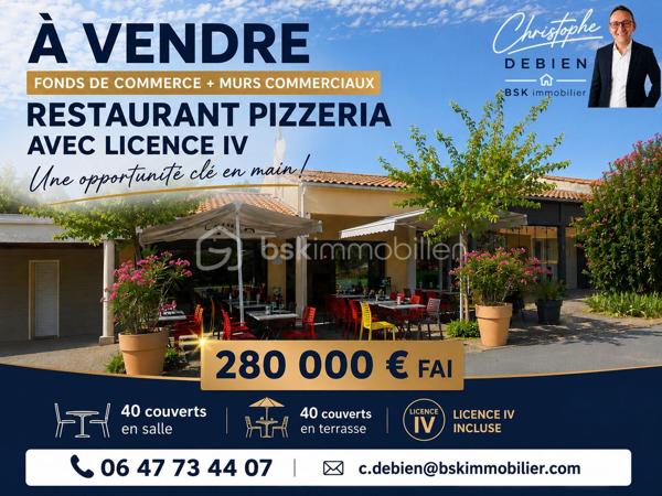 Christophe Debien – BSK Immobilier vous propose à la vente un ensemble rare comprenant le fonds de commerce et les murs commerciaux d'un restaurant-pizzeria idéalement situé au sud du secteur de Montaigu, au cœur d'une commune dynamique d'environ 3 700 habitants.

Bénéficiant d'un emplacement stratégique et d'une zone de chalandise d'environ 25 000 habitants à moins de 10 minutes, cet établissement profite d'une clientèle fidèle, locale et touristique, assurant une activité régulière.

L'établissement réalise un chiffre d'affaires stable supérieur à 300 000 €, avec une répartition d'activité d'environ 70 % de restauration sur place et 30 % de vente à emporter.

D'une surface exploitable d'environ 128 m², il offre une capacité d'accueil d'environ 80 couverts, comprenant :
•	40 couverts en salle,
•	40 couverts en terrasse.

La cuisine est fonctionnelle, parfaitement entretenue et vendue avec un matériel complet, propriété de l'exploitant (aucun matériel en location), comprenant notamment :

•	Tireuse à bière professionnelle de moins d'un an,
•	Machine à café professionnelle de 4 ans,
•	Six réfrigérateurs professionnels de 4 ans,
•	Un congélateur professionnel de 4 ans,
•	Four à pizza électrique double chambre 2 x 6 pizzas de 4 ans,
•	Frigo-bar avec groupe moteur remplacé en 2023,
•	Plaques de cuisson gaz,
•	Lave-vaisselle professionnel,
•	Trancheuse,
•	Salamandre,
•	Plancha,
•	Cuiseur à pâtes,
•	Bain-marie.

L'ensemble du matériel est en excellent état de fonctionnement et permet une reprise immédiate de l'activité sans investissement complémentaire.
Licence IV incluse dans la vente.

Les murs commerciaux sont vendus avec le fonds de commerce, offrant ainsi la possibilité de devenir propriétaire de son outil de travail tout en constituant un investissement patrimonial durable.

À titre indicatif, la valeur locative du bien est estimée à 1 200 € par mois, représentant un véritable atout pour un investisseur ou un futur exploitant.

L'ensemble présente encore un fort potentiel de développement, notamment grâce :
•	à l'exploitation de l'étage,
•	au développement de la vente à emporter,
•	à la mise en place d'un service de livraison,
•	et à l'optimisation de l'activité.

Prix de vente
•	Fonds de commerce : 125 000 € FAI
•	Murs commerciaux : 162 000 € FAI

Prix de vente de l'ensemble (fonds de commerce + murs commerciaux) : 280 000 € Frais d'Agence Inclus.

Honoraires : 20 000 € TTC Inclus soit 7,14 % du prix FAI soit 16 667 € HT

Cette opportunité conviendra parfaitement à un couple de professionnels souhaitant devenir propriétaire de son établissement, ou à un investisseur recherchant un ensemble commercial rentable, pérenne et immédiatement exploitable.

Pour tout renseignement complémentaire ou organiser une visite, contactez :
Christophe Debien
BSK Immobilier

Dossier complet, bilans et visites disponibles sur demande.