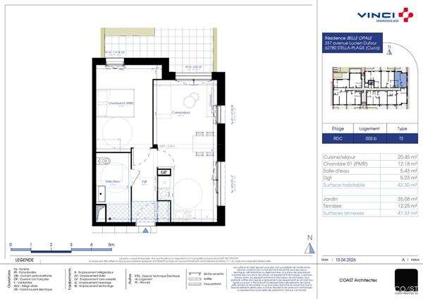 Appartement Stella Plage 2 pièces 43.33m² jardin de privatif de 47m²