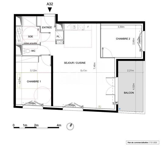 T3 69 m² avec balcon 9,9 m² – Montpellier Celleneuve