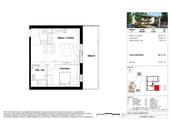 Appartement T2 à vendre  2 pièces - 45,71 m 2   MIOS  - 33