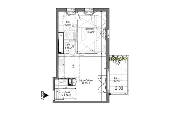 LOCATION : appartement 2 pièces (44 m²) à DECINES CHARPIEU