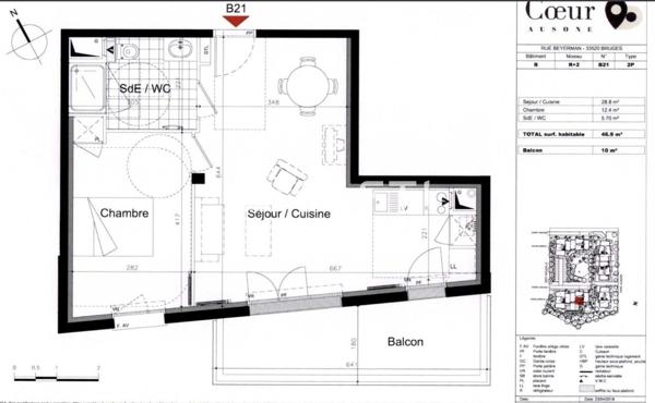 Bruges – Tram E Ausone – T2 de 47m2 lumineux, balcon de 10m2, place de stationnement