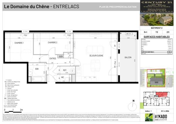 Appartement T3 à vendre  3 pièces - 67,98 m 2   ENTRELACS  - 73