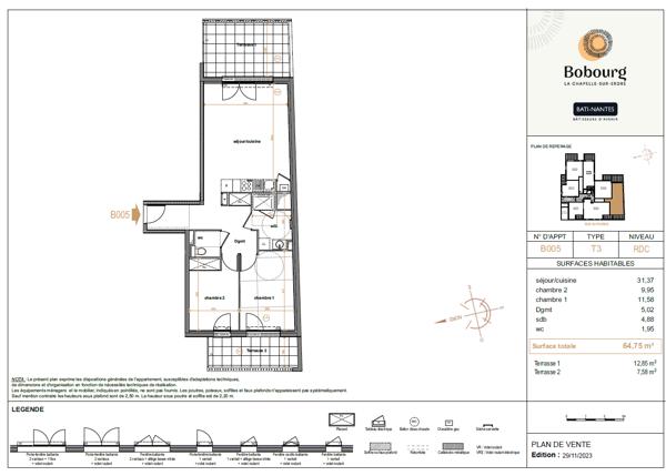 Vente appartement 3 pièce(s) 62 m²